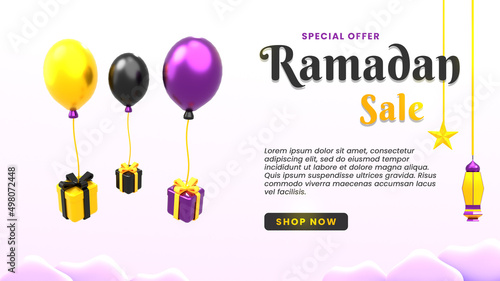 Ramadan kareem landing page banner template with 3d balloon giftbox Premium 