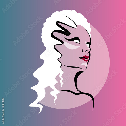 Abstract portrait of a girl on the pink and blue background.