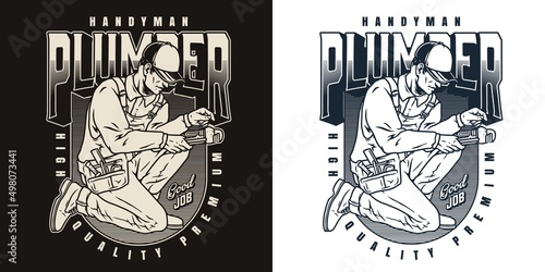 Plumber worker monochrome vintage emblem