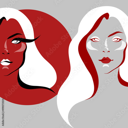 Two pretty white-haired women. Bright abstract illustration of two girls. Red and white picture.