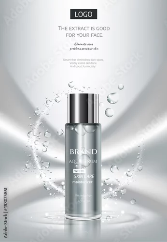 Obraz Beautiful cosmetic templates for ads, realistic 3d white tube and silver bottle on a light blue background with water bubbles. Beauty design for premium product