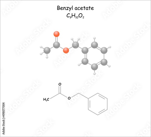 Stylized molecule model/structural formula of benzyl acetate. Use as flowery odor component in perfumes.