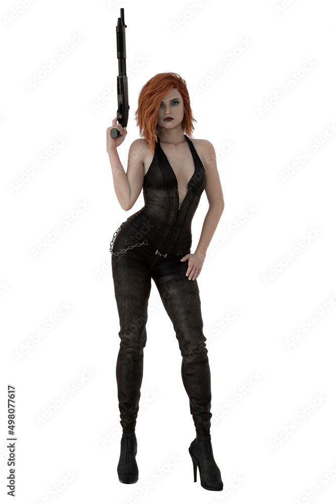 Urban fantasy woman wearing black outfit, 3d render on white background Urban fantasy woman wearing black outfit, 3d render on white background