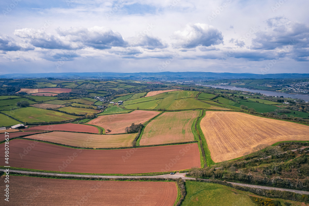 Farms and Fields over Labrador Bay from a drone, Shaldon, Teignmouth, Devon, England, Europe