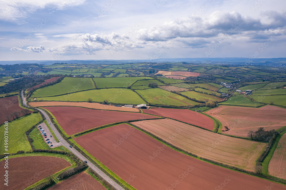 Farms and Fields over Labrador Bay from a drone, Shaldon, Teignmouth, Devon, England, Europe