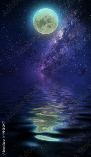 beautiful lunar landscape milky way reflection in the water sea ocean 3d illustration