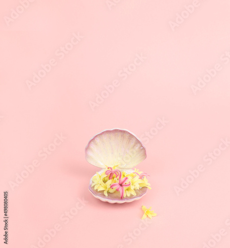 Beautiful seashell full of fresh hyacinth flowers on gray background. Concept of value of sea shell pearl and flowers. Symbol of wealthy life