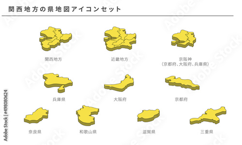 日本地図、関西地方の県地図アイコンセット、ベクター素材