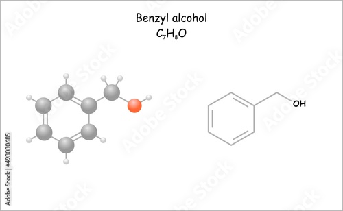 Stylized molecule model/structural formula of benzyl alcohol. Use as flavor and aroma.