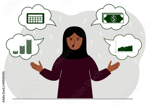Screaming muslim woman thinking about finances. In my thoughts money, calculator, charts. For posters, banners, websites.