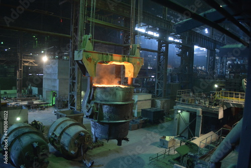 Ladle with molten metal in the shop of a metallurgical plant