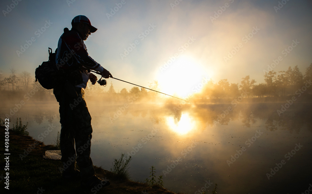 Fishing background. Fisherman catching on a lake.