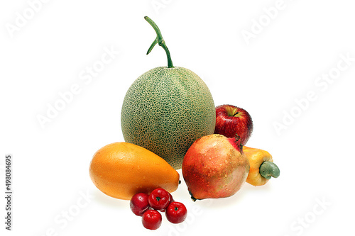 A composition with various Brazilian fruits on a white background.