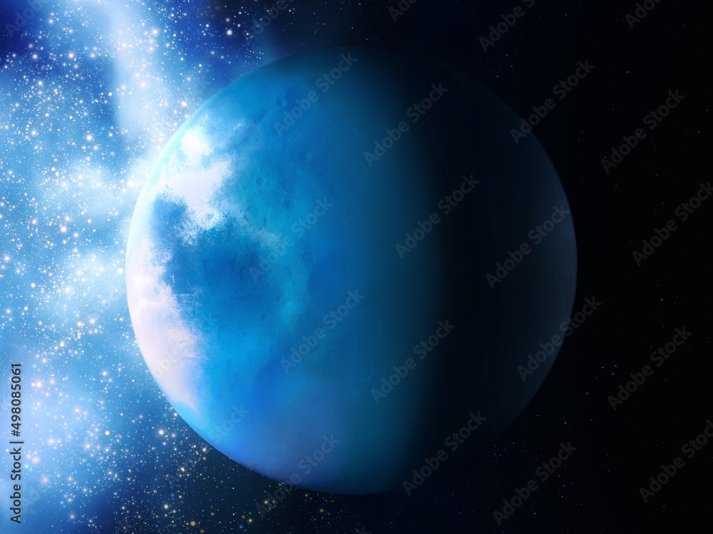 Distant planet near interstellar nebula in blue tones. Stellar nebula with Earth-like exoplanet in deep space. 