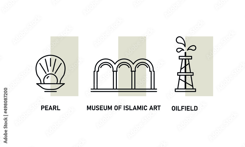 Qatar symbols line icon. Museum of Islamic art. Oilfield emblem. Pearl of sea. Vector illustration om white background Qatar symbols line icon. Museum of Islamic art. Oilfield emblem. Pearl of sea. Vector illustration om white background