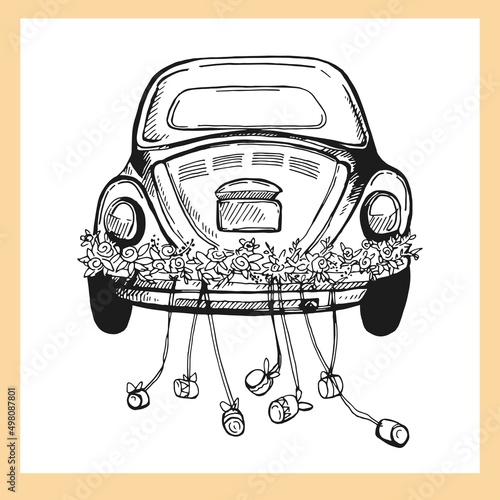 Abstract hand drawn sketch style wedding car isolated on white background. Vector illustration.