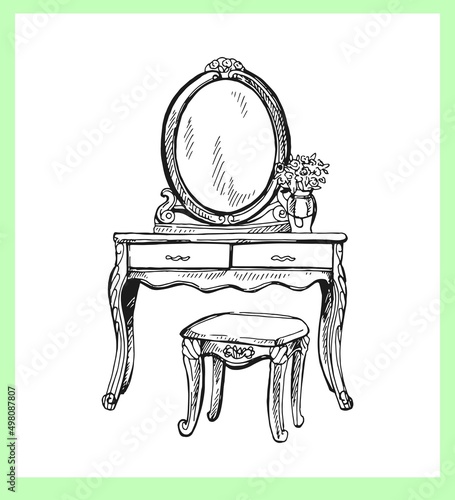 Hand drawn sketch style vintage dressing table isolated on white background. Vector illustration.
