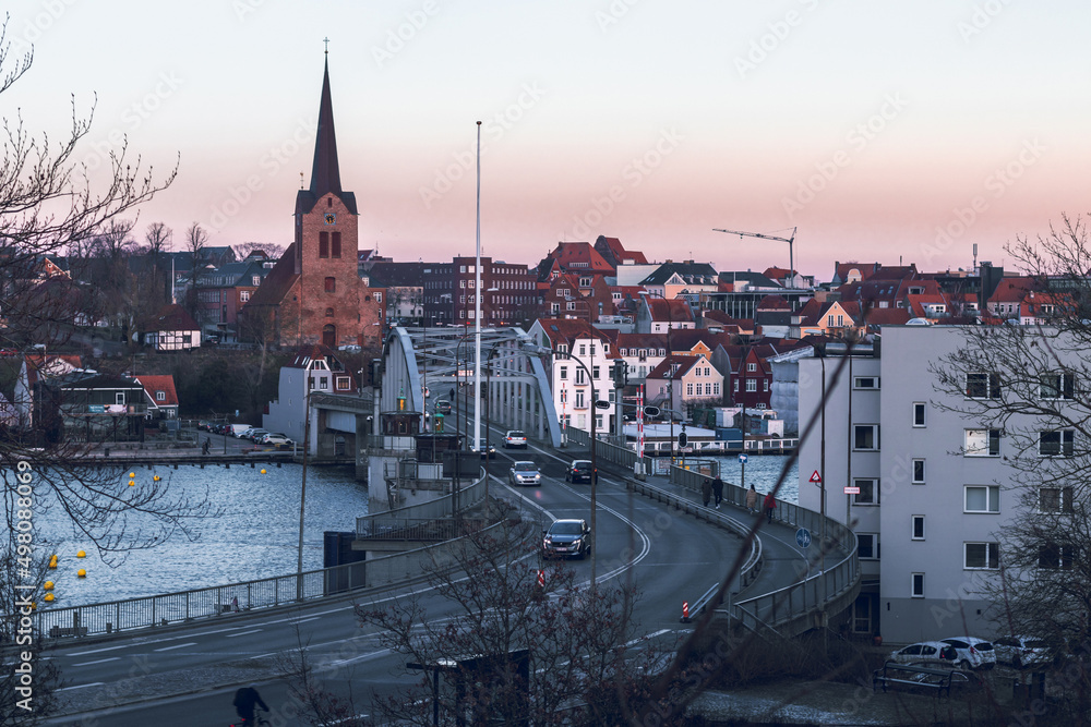 Evening view on the bridge to the Sonderborg (Dan. Sønderborg) city center