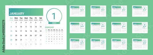 2023 calendar with gradient design. vector of calender 2023.corporate desk calendar ready to print. week start on sunday. sunday as weekend. good for daily log, business, timetable, planner, etc.	