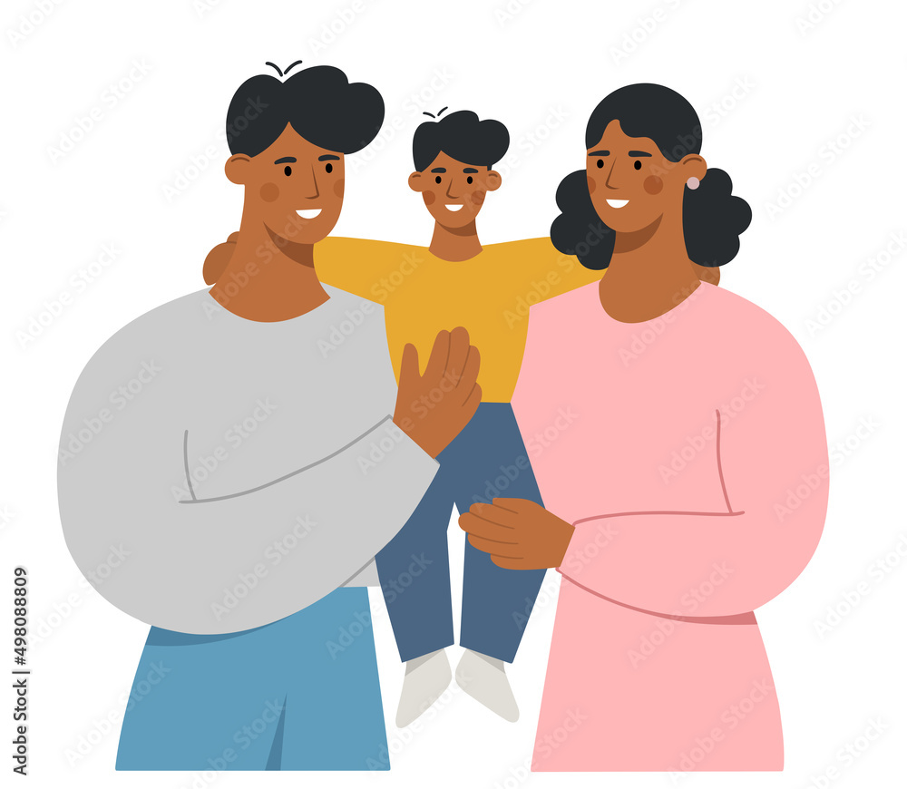 Obraz premium Happy african american family with a cute little son. Young mother and father holding their beloved baby in their arms. Love and care for loved ones. Flat vector illustration.