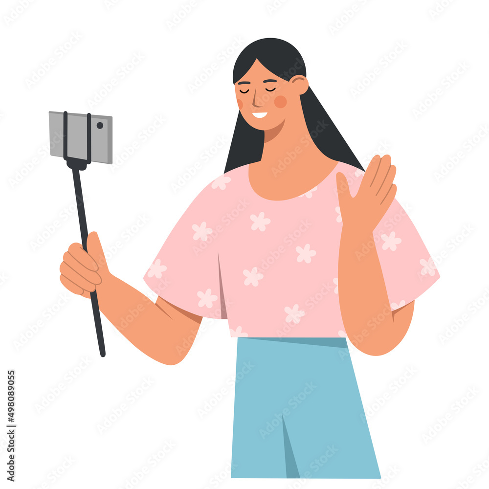 Young girl is making a live broadcast. Video blogging concept. Social media blogger. Flat vector illustration. Young girl is making a live broadcast. Video blogging concept. Social media blogger. Flat vector illustration.