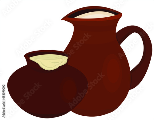 A ceramic pot with sour cream and a ceramic jug with milk. The illustration can be useful as an advertising logo for milk production companies and organizations. Vector, isolated.