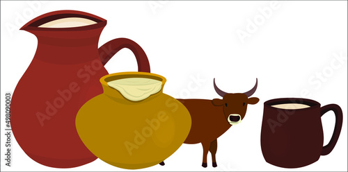 A pot with sour cream, a ceramic jug with milk, a cup with milk and a cow. This logo can be used for advertising for milk production companies. Vector, isolated.