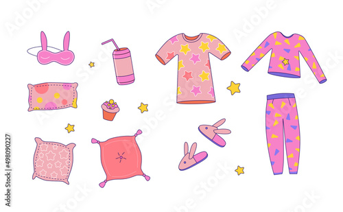  Sleepover invitation. Pajama party for girls set. Cute nightwear, food, sleeping mask, slippers, pillows and other funny elements.	
