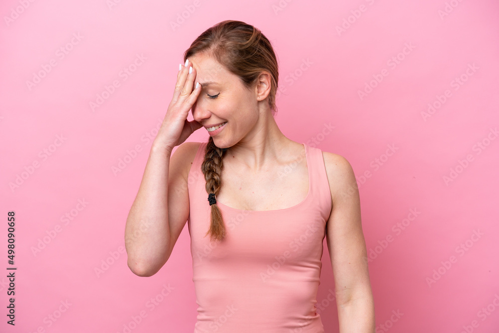 Young caucasian woman isolated on pink background laughing Young caucasian woman isolated on pink background laughing