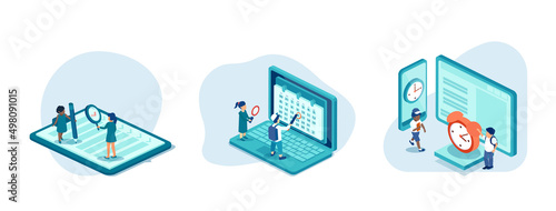 Vector of children planning schedule, managing study time, filling up check list.