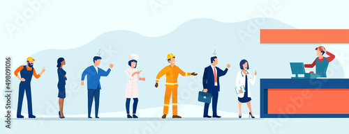 Vector of a queue of angry people of different professions standing in supermarket