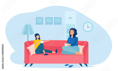 Vector of a mother and a daughter talking sitting on a sofa at home.