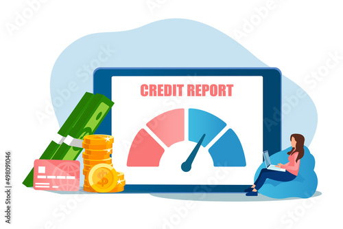 Vector of a woman with laptop getting her credit report online