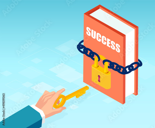 Vector of a businessman hand holding a key to unlock a success book with lock.