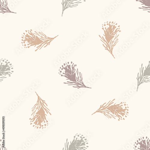 Calm newborn minimal leaf foliage seamless pattern. Gender neutral baby nursery decor background. Scandi style sketch wallpaper background tile or toddler inclusive apparel fashion.