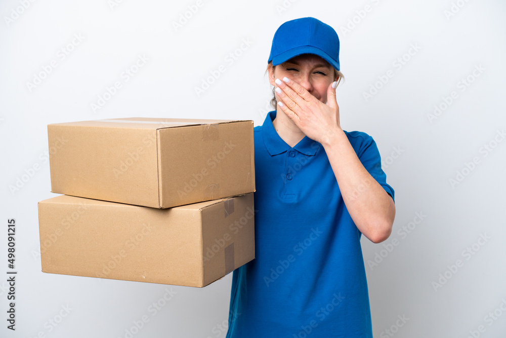 Delivery caucasian woman isolated on white background happy and smiling covering mouth with hand Delivery caucasian woman isolated on white background happy and smiling covering mouth with hand