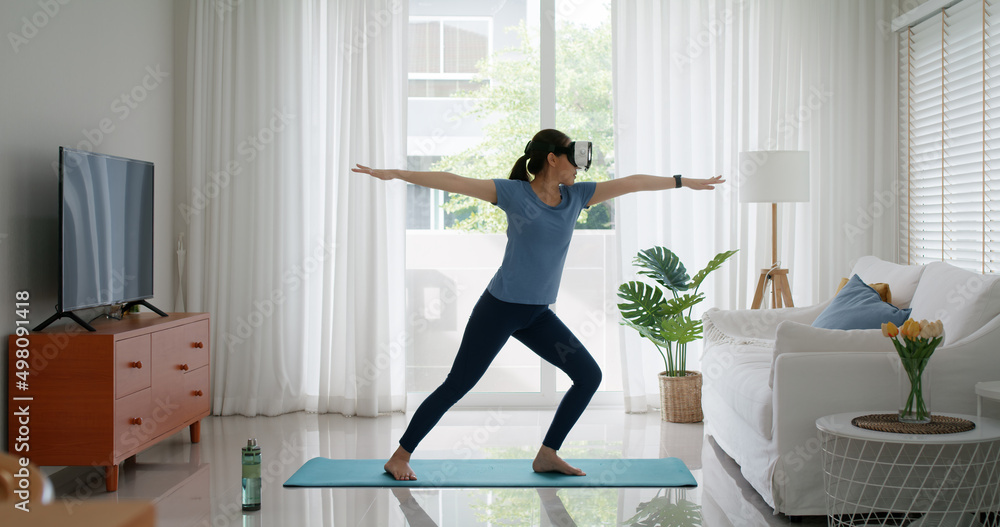 Asia girl teen people enjoy hobby happy deep zen remotely learn sport play online fitness body gym class fit life. Relax joy pose wear smart digital iot VR headset in AR app at home indoor. Asia girl teen people enjoy hobby happy deep zen remotely learn sport play online fitness body gym class fit life. Relax joy pose wear smart digital iot VR headset in AR app at home indoor.