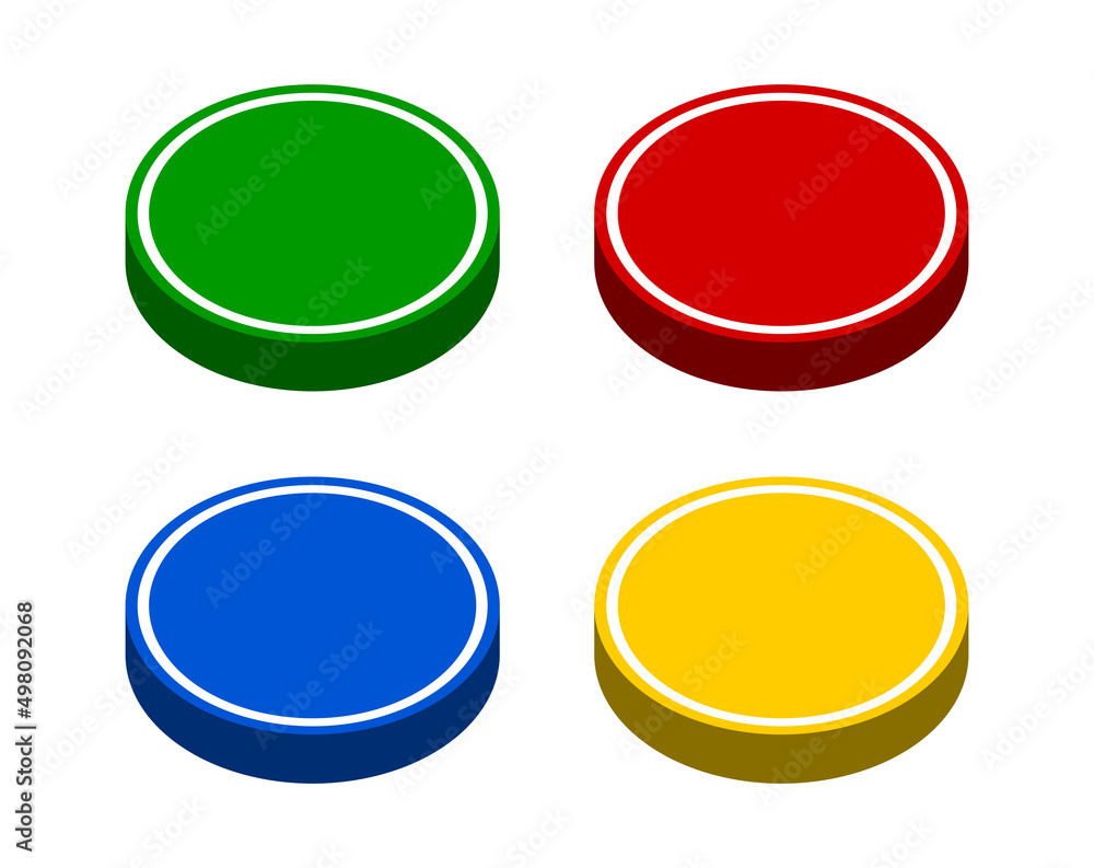 Colorful Green Red Blue Yellow Push Button Badge Icon Set in 3D Style Perspective View. Vector Image. Colorful Green Red Blue Yellow Push Button Badge Icon Set in 3D Style Perspective View. Vector Image.