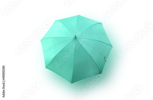 Top view, Single pastel cyan umbrella isolated on white background, stock photo, invesment, business, summer concept