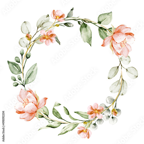 Wreath, floral frame, watercolor flowers pink peonies, Illustration hand painted. Isolated on white background. Perfectly for greeting card design. © Larisa