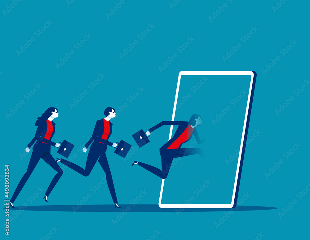 Business team run into the smartphone. Business vector illustration concept Business team run into the smartphone. Business vector illustration concept