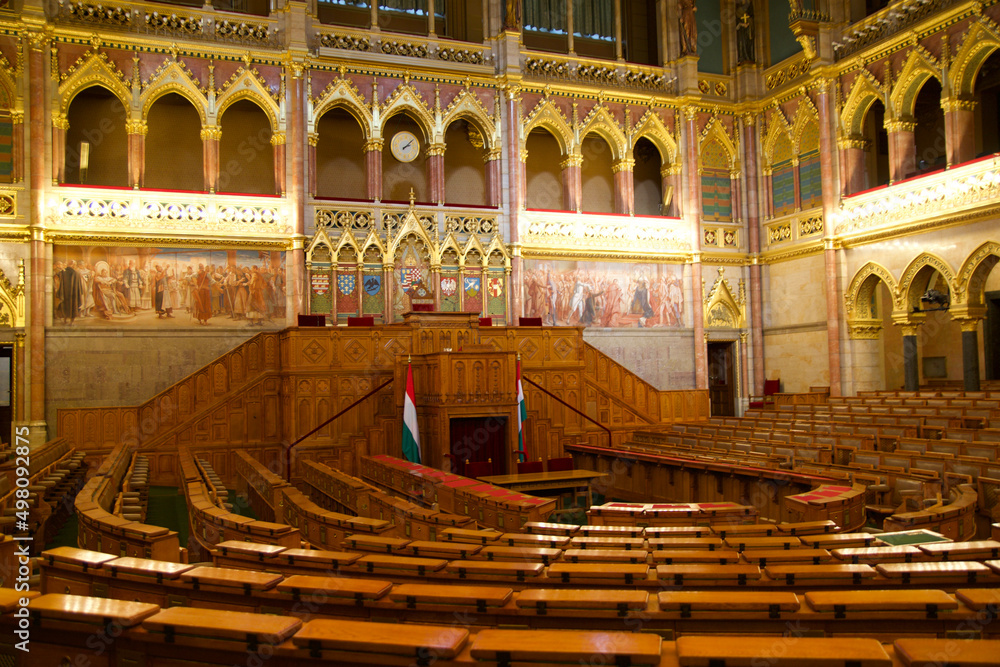 BUDAPEST, HUNGARY - 03 MAR 2019: Interior of the Budapest Parliament building and the meeting room of the Hungarian government with a lot of wood applications
