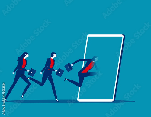 Business team run into the smartphone. Business vector illustration concept © zenzen
