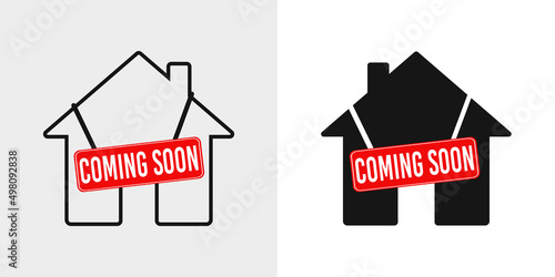 Coming soon sign. House icon and hanging notice board, real estate sale ad, vector illustration