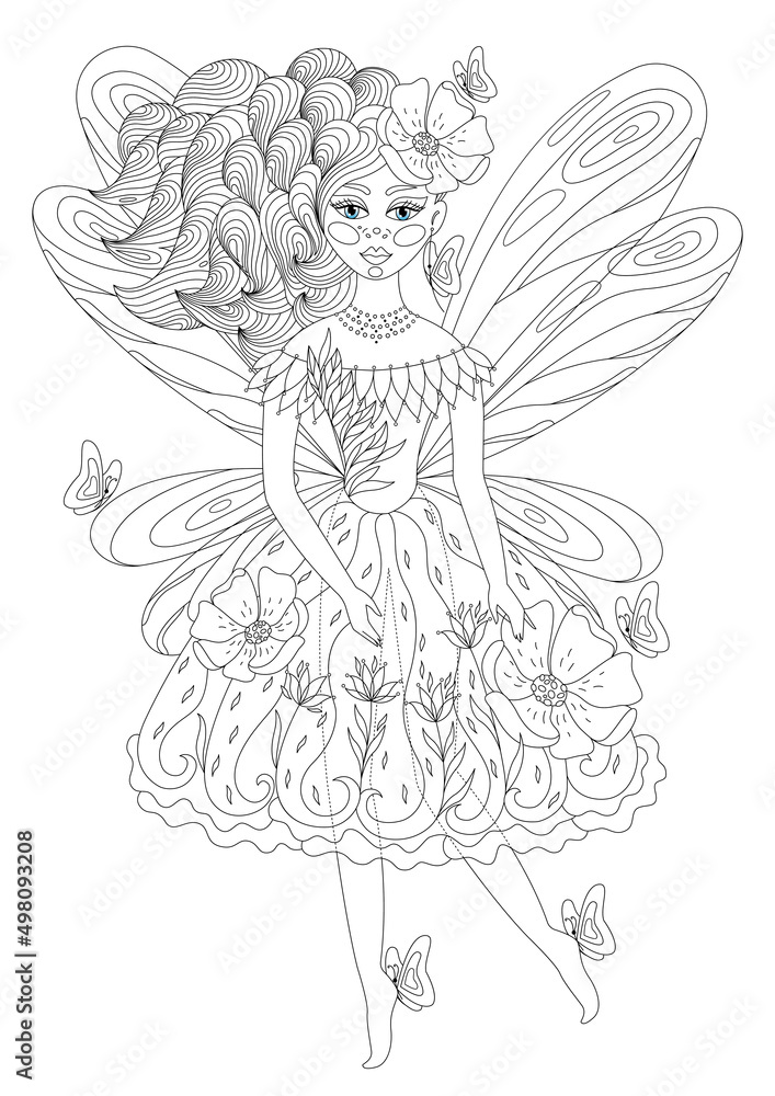 Fototapeta premium Antistress coloring book for children and adults, a beautiful fairy surrounded by butterflies and flowers. Coloring page. Outline. Vector illustration. Isolated.