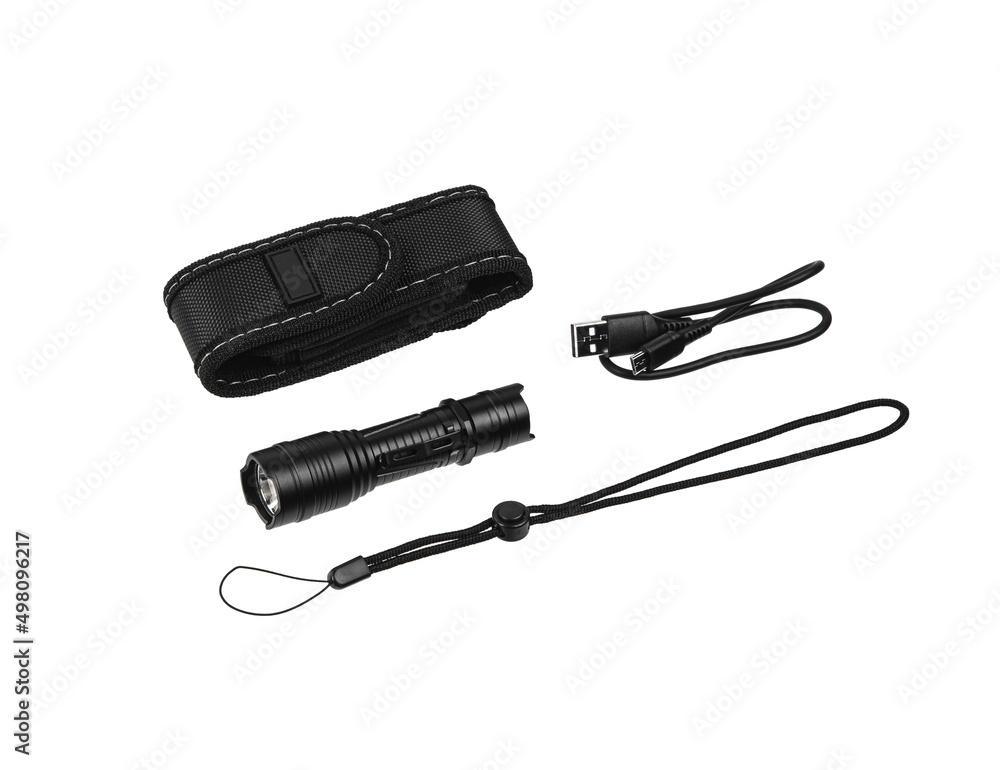 Black metal LED flashlight isolate on a white back. Pocket lamp for dark time of day or dark rooms. Black metal LED flashlight isolate on a white back. Pocket lamp for dark time of day or dark rooms.