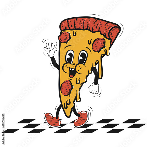 Pizza slice boy in retro style. Pizza with pepperoni and cheese. Food vector collection.