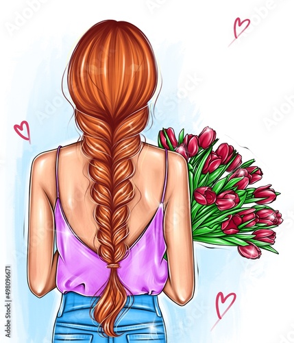 the girl is standing with her back with a bouquet of tulip flowers, in jeans and a T-shirt 
