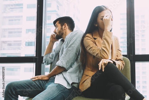 Young couple feeling bored each other having serious relationship problem and difficulties in living together after marriage Stressed people need treatment, anger management and time to heal concept