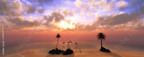 Beach with palm trees at sunset, at sunset, ocean, sea sunset, 3D rendering